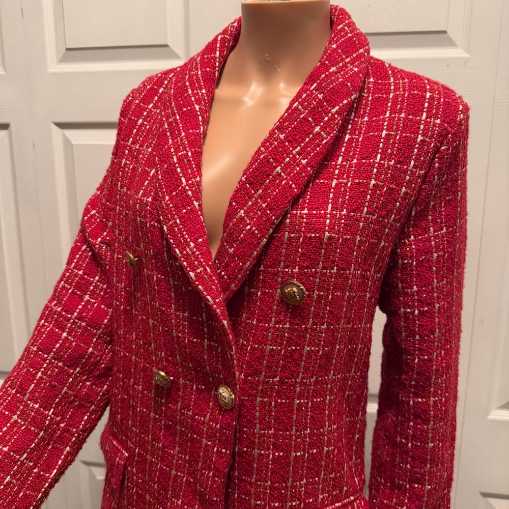 Red Tweed Plaid Double-Breasted Blazer Women’s Size L Old Money - Picture 13 of 16